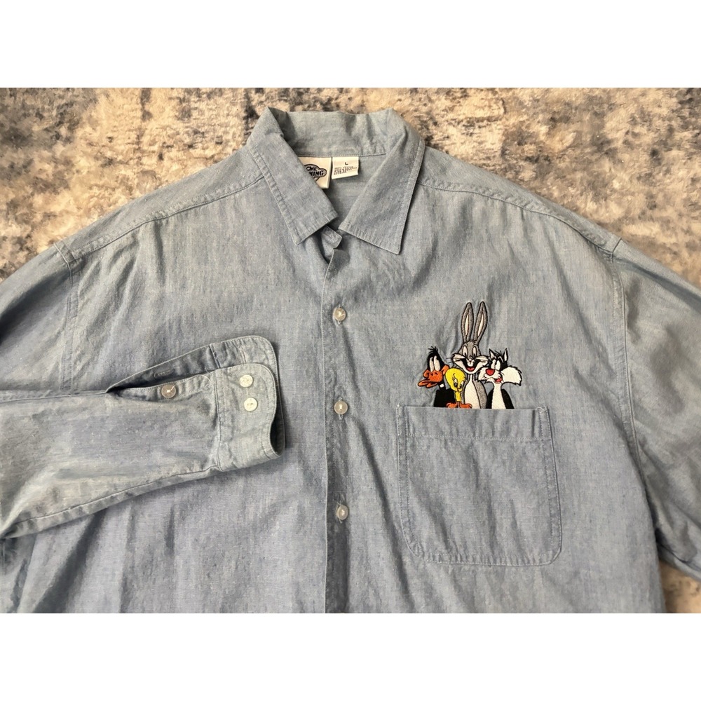 Vintage Acme‎ Clothing Co Looney Tunes Button Up Shirt Men's Size L Denim Look